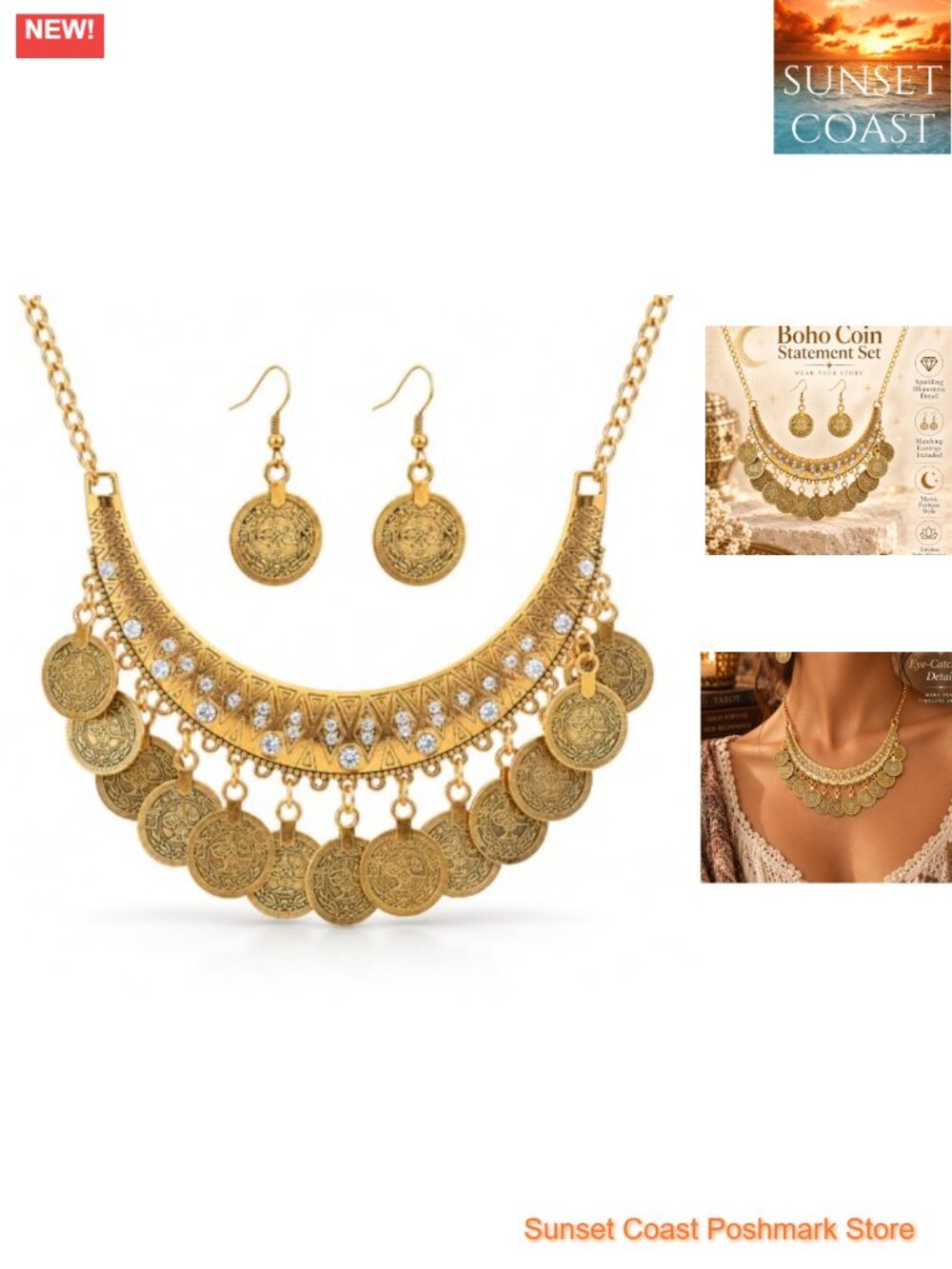 Coin Bib Necklace Earrings Set Gold Tone Costume Jewelry Renaissance